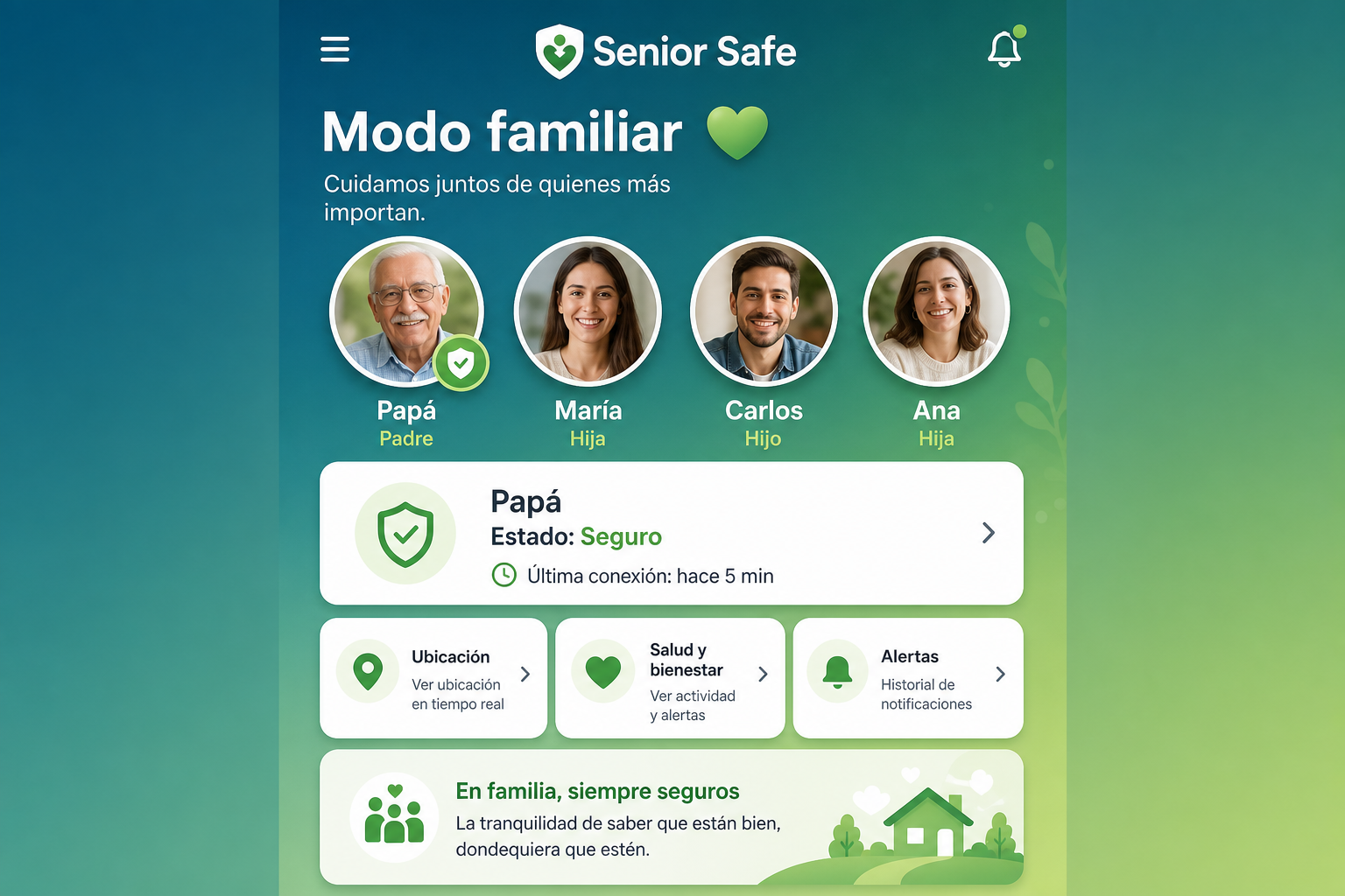 Pantalla modo familiar con estado de la red