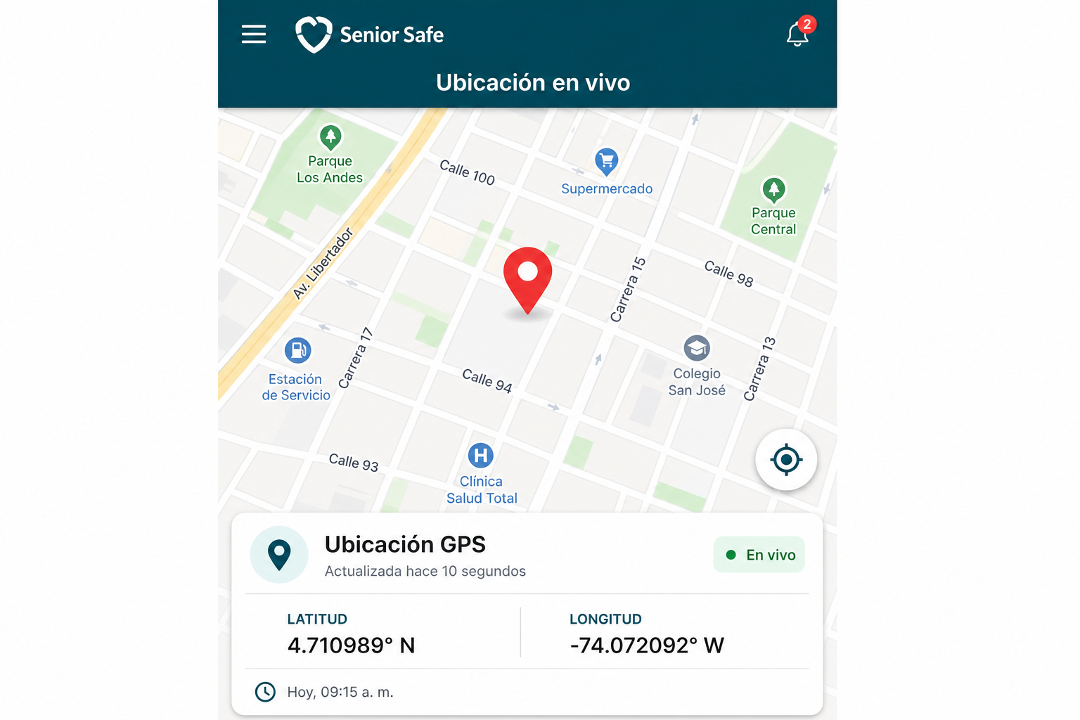 Pantalla de ubicación GPS en tiempo real